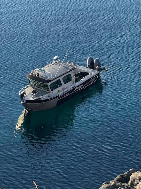 Adak Lodge charter boat in a quiet cove