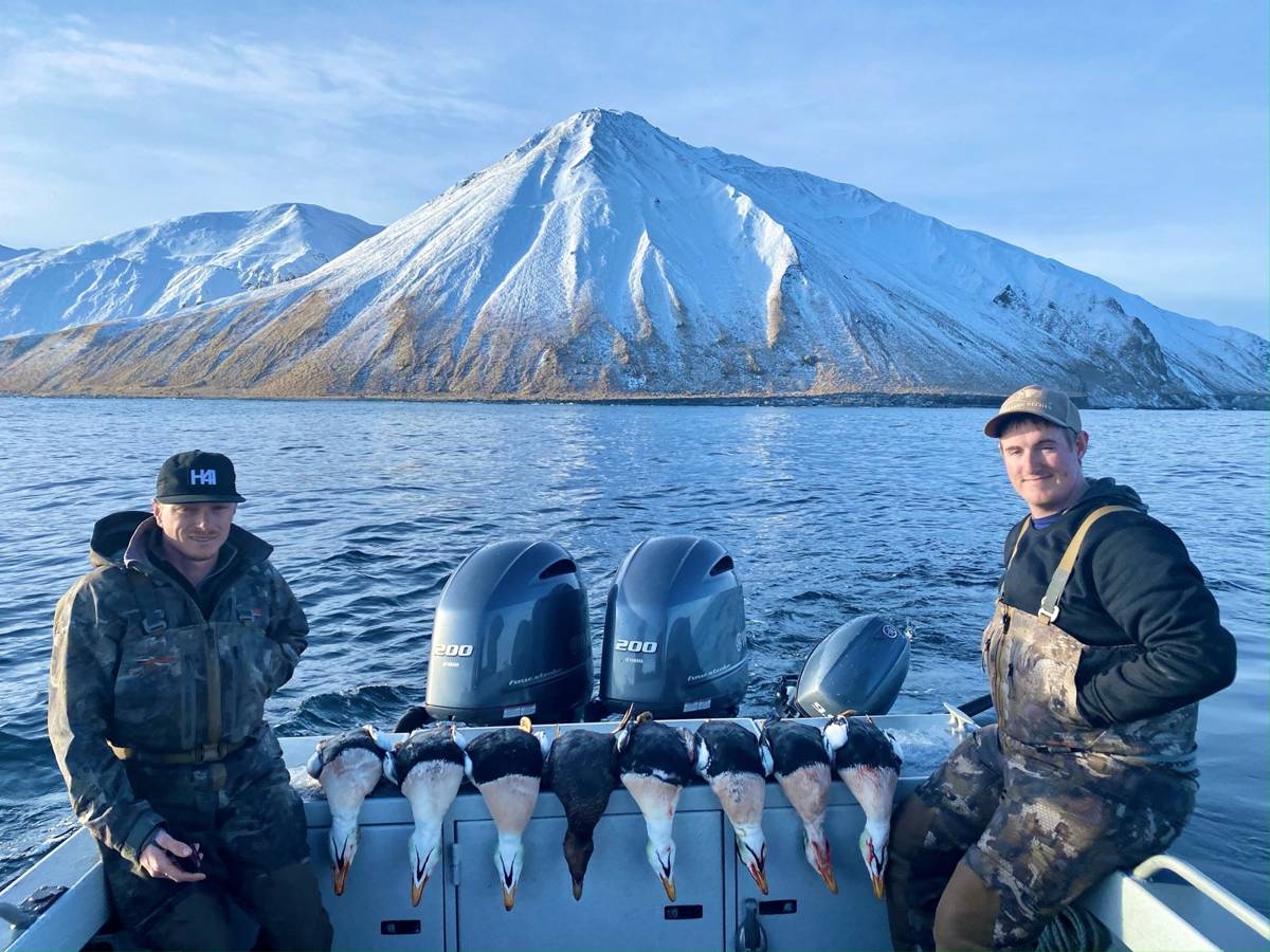 Two hunters on the boat with a lineup of trophy Sea Ducks, snow-capped volcano behind